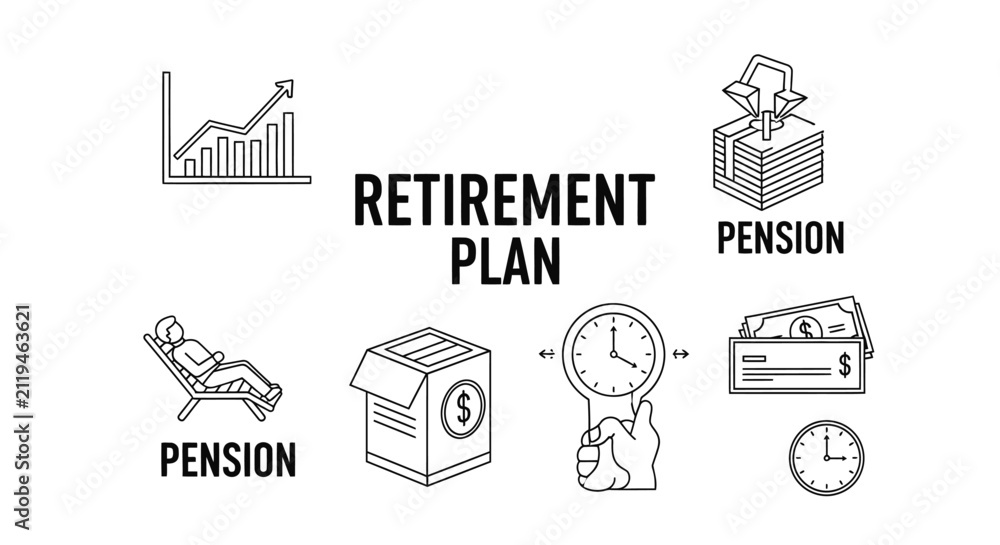 Fototapeta premium Retirement plan vector line illustration featuring financial icons like a growth chart, money, clock, and text 