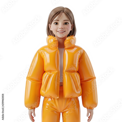 A stylish toy figure dressed in a bright yellow astronaut suit with blue accents