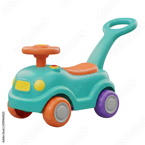 Colorful children's ride-on toy car with handlebars and storage box