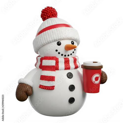 A cheerful snowman with a red scarf and festive hat holding a small gift box