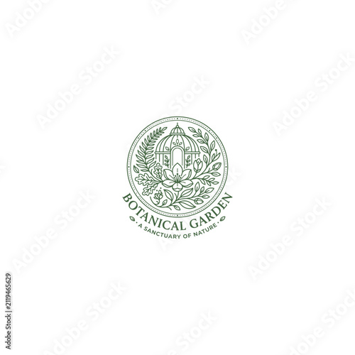Botanical Garden Logo with Greenhouse and Floral Line Art