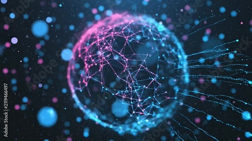 Abstract digital network sphere with particles flowing through space