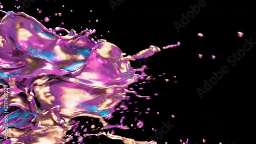 Overlay video transition, Vibrant purple and gold fluid splash isolated on black background showing dynamic metallic liquid motion.