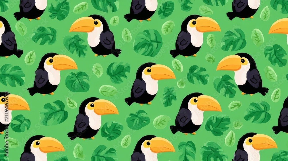 Obraz premium Cute toucan bird pattern seamless tropical green jungle foliage wallpaper background design for kids room decor illustration.