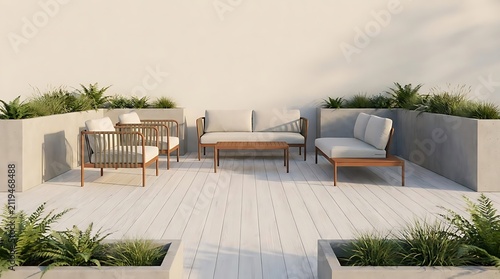 A serene outdoor patio setup featuring durable rust-proof terrace furniture on a wooden deck surrounded by modern concrete planters in a sunny setting.
