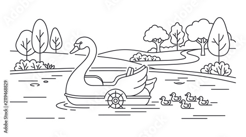 Foto Swan pedal boat and ducks on lake coloring page.