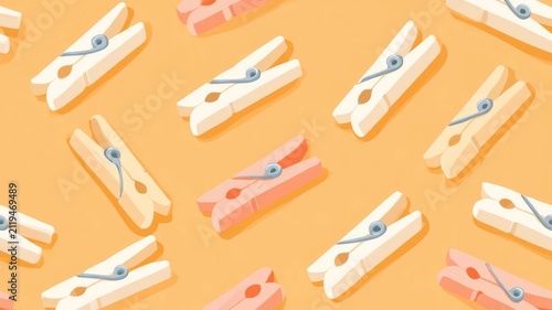 Seamless pattern of wooden clothespegs on light orange background illustrative laundry clothespin design for textile print art.