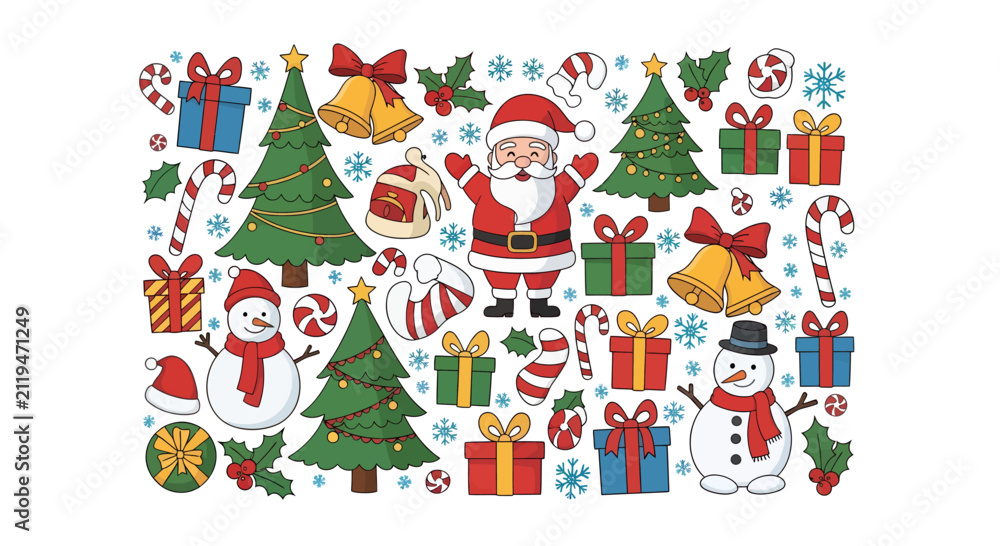 Fototapeta premium Festive Christmas collection with Santa, snowmen, Christmas trees, presents, candy canes, bells, holly, snowflakes, and a Christmas stocking