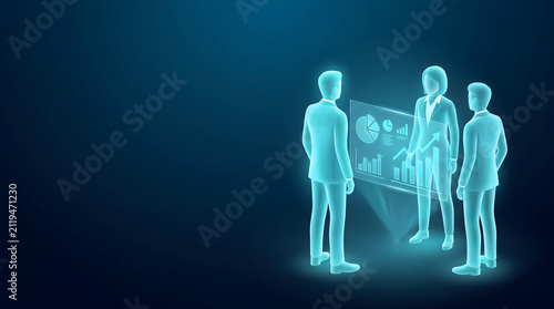 Professional holographic business team analyzing performance charts and strategic data insights