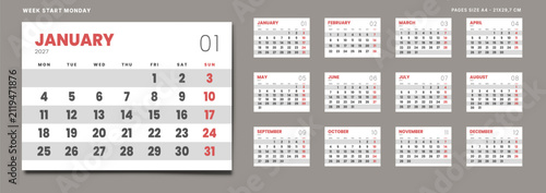 Fotografía 2027 year Set 12 Pages Monthly Calendar Planner Templates on English