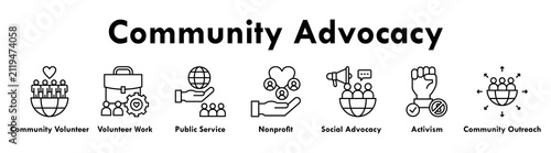Community Advocacy banner web icon illustration concept with icon of community volunteer, volunteer work, public service, nonprofit organization, social advocacy, activism, and community outreach