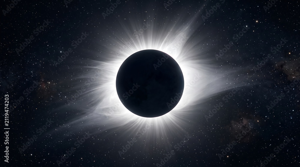 Obraz premium A breathtaking solar eclipse engulfs the sky in darkness, revealing the sun's ethereal corona in a stunning cosmic spectacle that fills the universe with radiant light and cosmic dust.