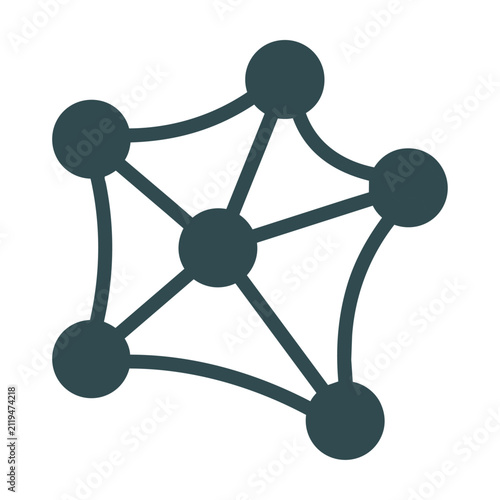Abstract biological cell network icon with interconnected nodes and lines in flat dark teal isolated on white background, scientific connectivity concept