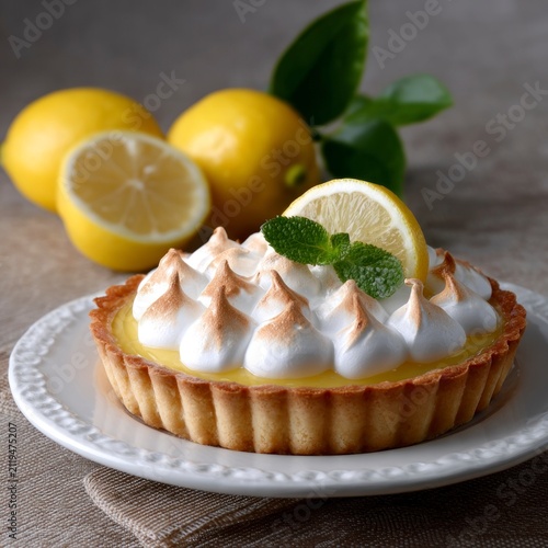 A delicious lemon meringue tart topped with a fresh lemon slice and a mint leaf on a white plate, with whole and halved lemons in the background.