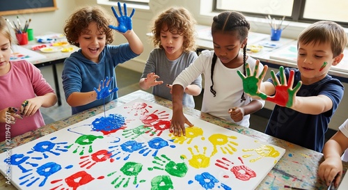 Children creating colorful handprint art in a classroom setting