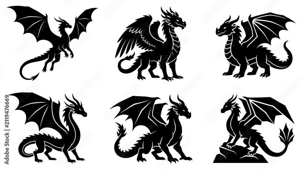 Fototapeta premium Classical fantasy dragon silhouettes in various stances.