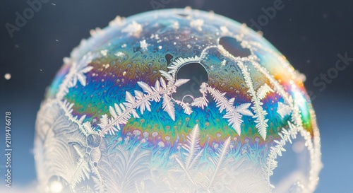 Close-up of colorful soap bubble with intricate frost-like crystal patterns under light