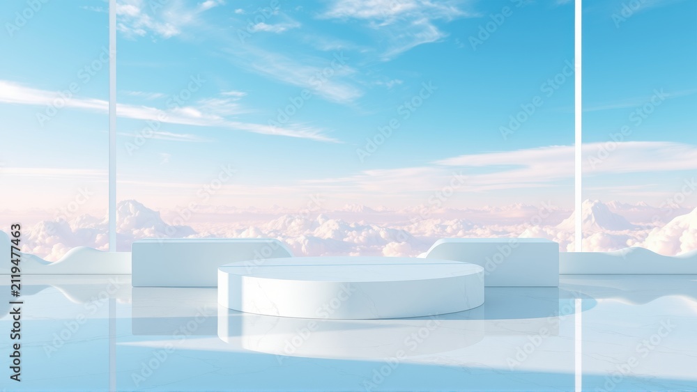 Fototapeta premium Minimalist stage, white platforms. Sky view, clouds below. Reflective floor creates serene atmosphere. Modern design.