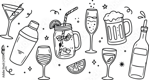 Hand drawn doodle set of various alcoholic drinks cocktail glasses beer mug shaker and wine bottle for party celebration and bar menu design elements