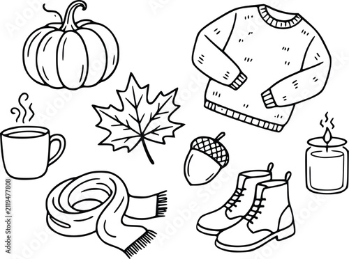 Hand drawn doodle set of autumn season items including a pumpkin sweater leaf coffee mug scarf boots acorn and a candle for seasonal design projects
