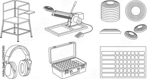 Outline Vector Icons of Clay Pigeon Shooting Equipment and Skeet Thrower