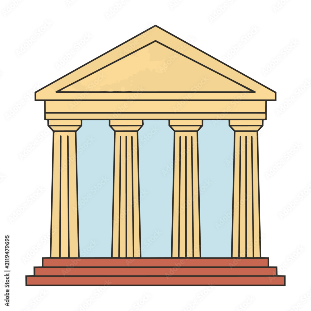 Fototapeta premium Minimalist line art of a classical Greek temple with fluted columns and a triangular pediment on an isolated white background for an architectural history concept