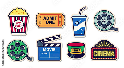 Photography Movie Night Icons: Popcorn, Ticket, Soda, Film Reel & Clapperboard
