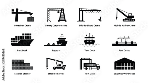 Industrial port equipment icons including container crane.