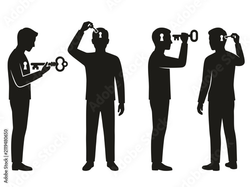 vector Silhouettes of men inserting keys into their heads symbolizing unlocking ideas and gaining knowledge and understanding on transparent background