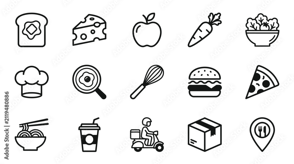 Fototapeta premium Food Drink and Kitchen Restaurant Black Line Icon Set Vector Illustration, Culinary Cooking and Delivery Symbols