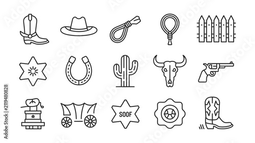 Western themed icons including cowboy boots hat lasso rope fence sheriff star horseshoe cactus bull skull gun covered wagon badge and boot all outlined