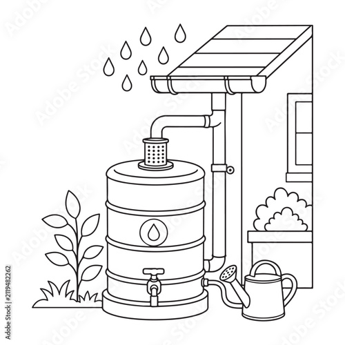 Rainwater Harvesting System Line Art Vector Illustration, Home Rain Barrel Water Collection Outline Diagram
