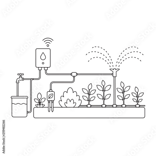 Smart Irrigation System Line Art Vector Illustration, Automated Garden Watering Outline with Soil Moisture Sensor