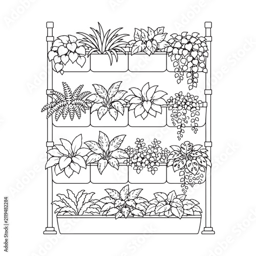 Vertical Garden Line Art Vector Illustration, Indoor Plant Wall Rack Outline with Houseplants for Urban Gardening