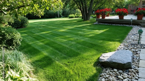 Lush green lawn with manicured stripes and decorative flower pots in a garden setting