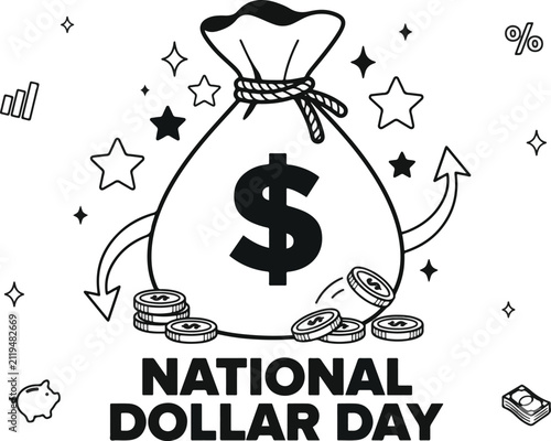 Black and White Vector Line Art for National Dollar Day 2026 Featuring a Money Bag, Dollar Sign, Coins, and Financial Growth Arrows