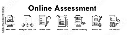 Online Assessment banner web icon illustration concept with icon of online exam, multiple choice test, written exam, answer sheet, online proctoring, practice test, and test analytics