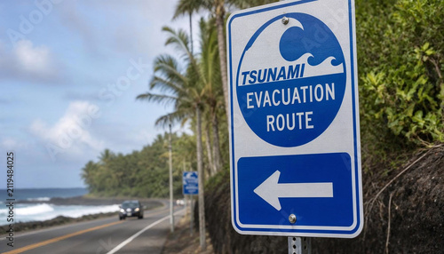 Blue tsunami evacuation route road sign on a tropical coastal highway with ocean view and palm trees