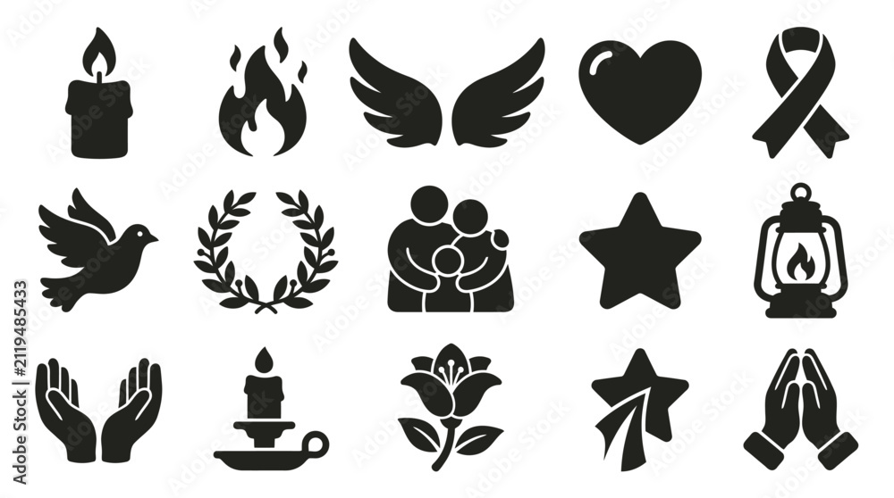 Fototapeta premium Collection of black silhouette icons representing symbols of remembrance, grief, and hope.