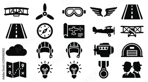 Foto Collection of aviation and flight related icons including airplanes, pilots, engines, and navigation tools