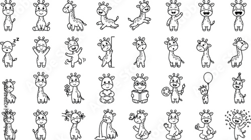 Canvas Print Cute cartoon giraffe character emoticons and animal line art setCute cartoon gi