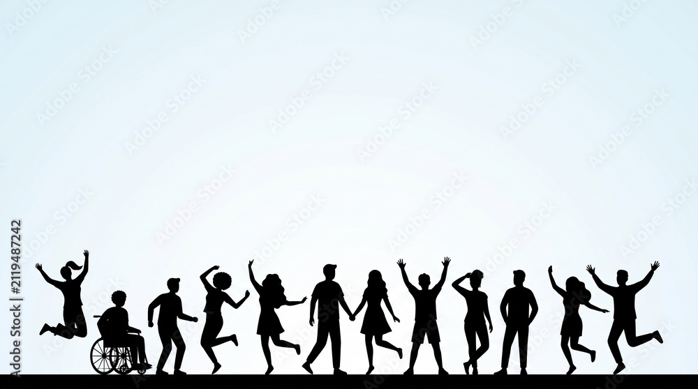 Obraz premium Diverse Group of Silhouetted People Celebrating and Dancing Together in Joyful Unity and Social Inclusion Concept
