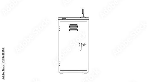 A simple line drawing of a metal storage cabinet with a lock and antenna.