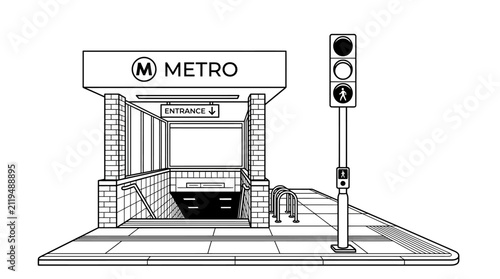 A black and white line art illustration of a city metro station entrance.