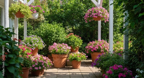 A lush, sunlit garden patio featuring a trellis and many flowering