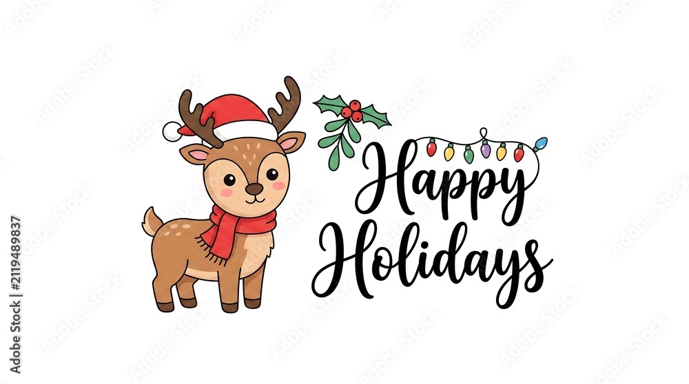 Fototapeta premium Cute cartoon Christmas reindeer with Happy Holidays text