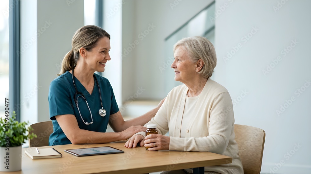 Fototapeta premium Compassionate nurse assisting an elderly patient during a medical visit, emphasizing senior healthcare, kindness, personalized treatment, comfort, trust, and quality clinical support.