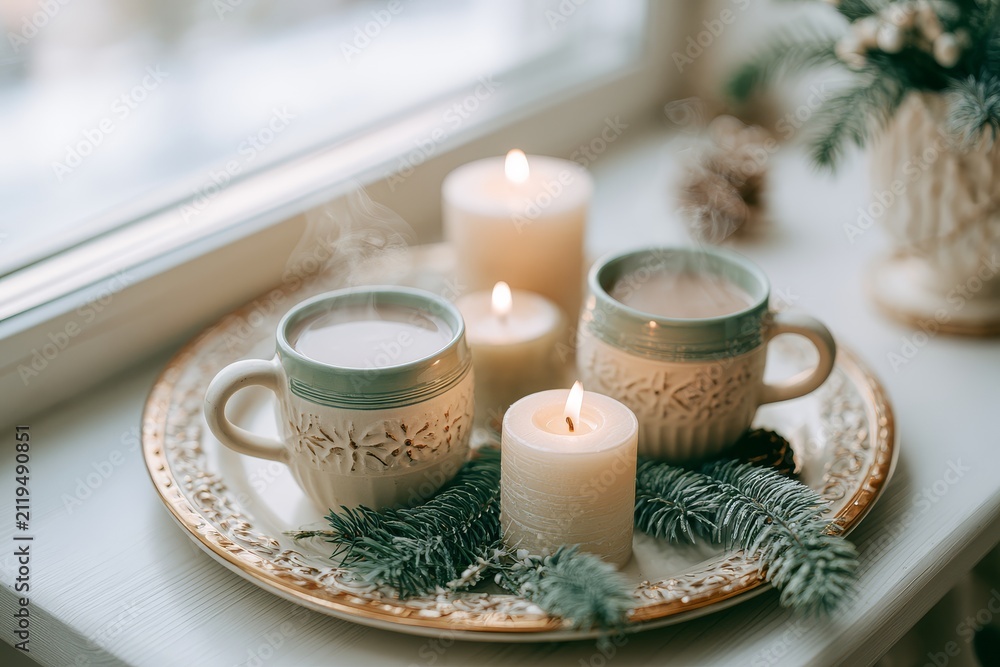 Fototapeta premium Small apartment kitchen nook with hot chocolate setup and candles alongside a cream, pine green and soft gold palette.