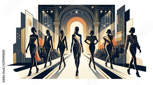 Silhouetted models walking on a high fashion runway catwalk