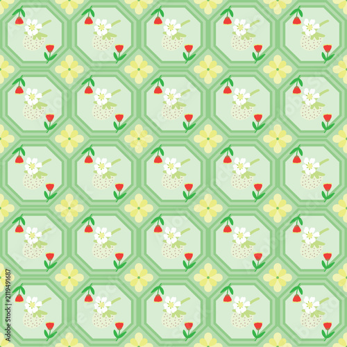 Cute strawberry seamless pattern with honeycomb geometry, flowers, and botanical elements in soft pastel colors for fabric, wallpaper, wrapping paper, and surface design.